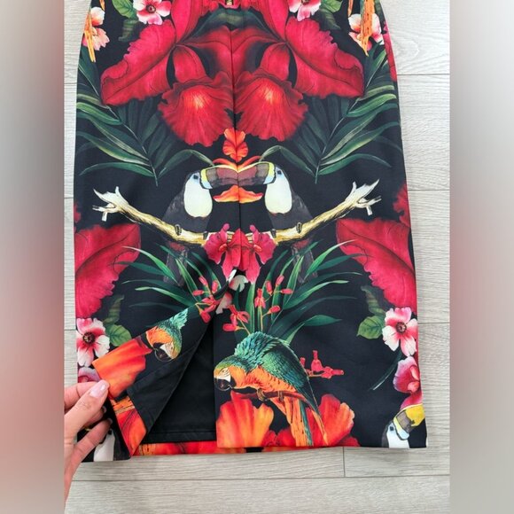 TED BAKER Bismii Toucan Print Multicolor Tropical Black Bodycon Midi Dress - Picture 10 of 14